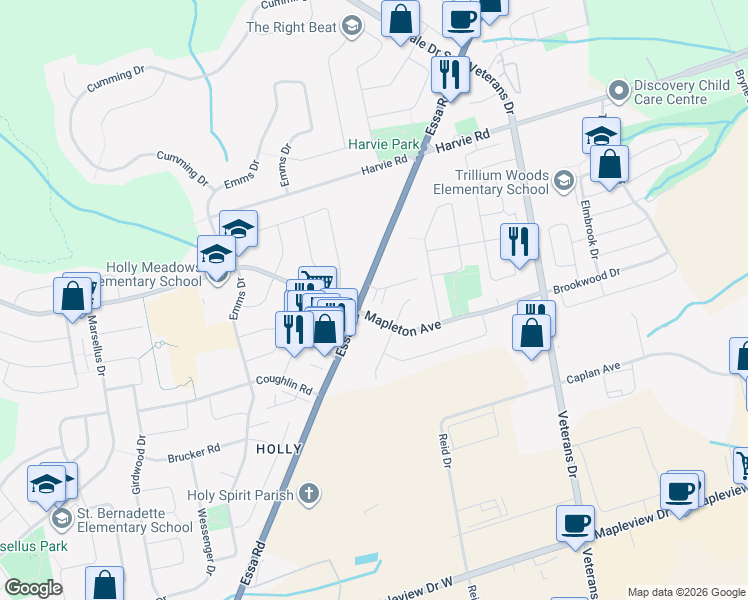 map of restaurants, bars, coffee shops, grocery stores, and more near 536 Essa Road in Barrie