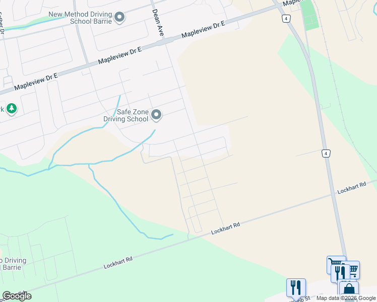 map of restaurants, bars, coffee shops, grocery stores, and more near 45 Mcbride Trail in Barrie
