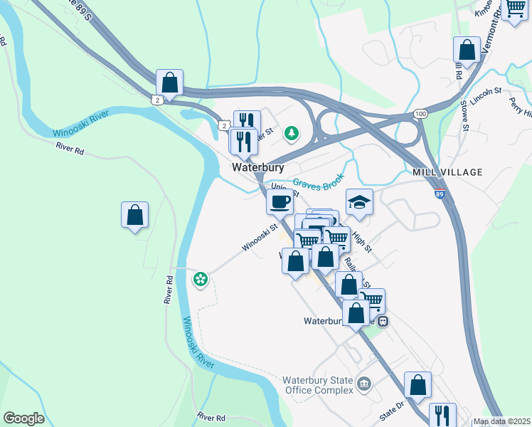map of restaurants, bars, coffee shops, grocery stores, and more near 28 North Main Street in Waterbury Village Historic District