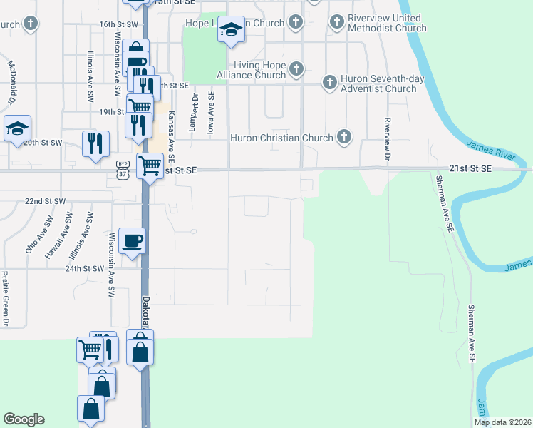 map of restaurants, bars, coffee shops, grocery stores, and more near 2221 Frank Avenue Southeast in Huron