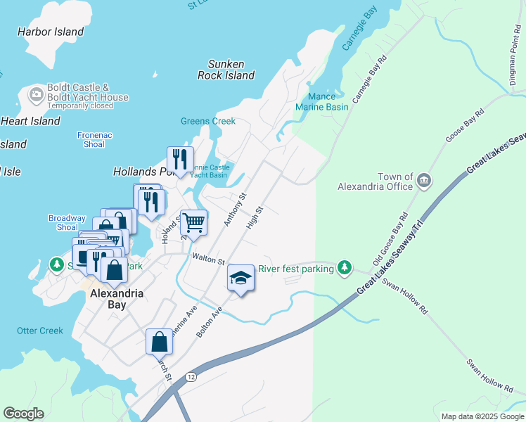 map of restaurants, bars, coffee shops, grocery stores, and more near 42 High Street in Alexandria Bay