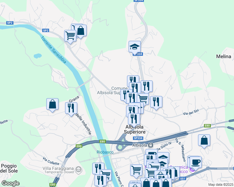 map of restaurants, bars, coffee shops, grocery stores, and more near 5A Via Emilia in Albisola Superiore