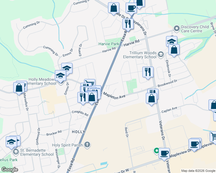 map of restaurants, bars, coffee shops, grocery stores, and more near 540 Essa Road in Barrie
