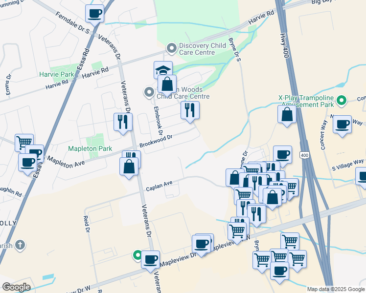 map of restaurants, bars, coffee shops, grocery stores, and more near 125 Thrushwood Drive in Barrie