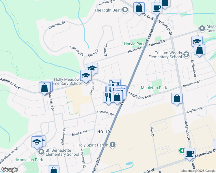 map of restaurants, bars, coffee shops, grocery stores, and more near 2 Srigley Street in Barrie