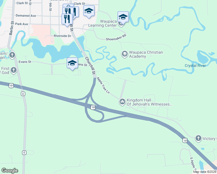 map of restaurants, bars, coffee shops, grocery stores, and more near E3192 Apple Tree Lane in Waupaca
