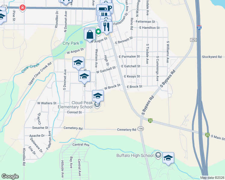 map of restaurants, bars, coffee shops, grocery stores, and more near 135 West Brock Street in Buffalo