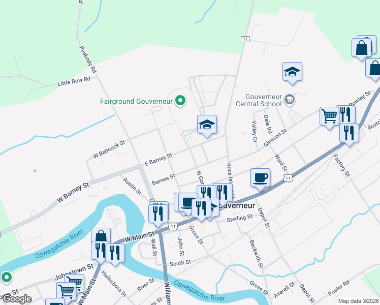 map of restaurants, bars, coffee shops, grocery stores, and more near 106 North Gordon Street in Gouverneur
