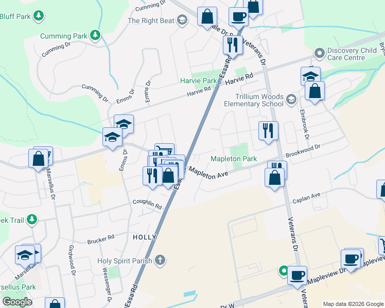 map of restaurants, bars, coffee shops, grocery stores, and more near 540 Essa Rd in Barrie