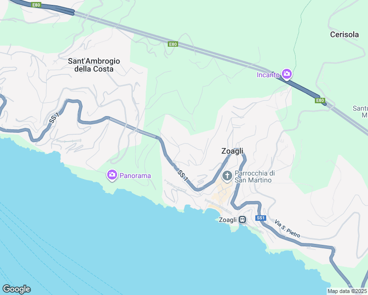 map of restaurants, bars, coffee shops, grocery stores, and more near 10 Via Campodonico in Zoagli