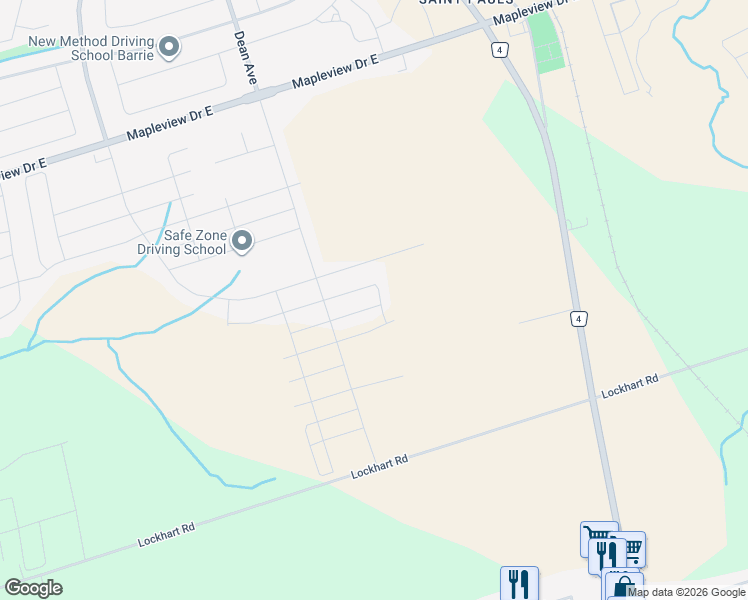 map of restaurants, bars, coffee shops, grocery stores, and more near 99 Mcbride Trail in Barrie
