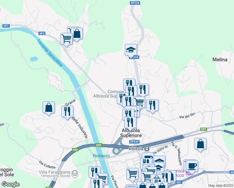 map of restaurants, bars, coffee shops, grocery stores, and more near 5/A Via Emilia in Albisola Superiore