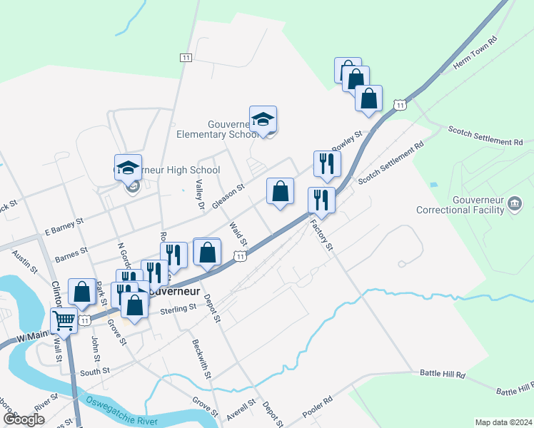 map of restaurants, bars, coffee shops, grocery stores, and more near 26 Edith St in Gouverneur