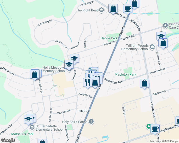map of restaurants, bars, coffee shops, grocery stores, and more near 2 Srigley Street in Barrie