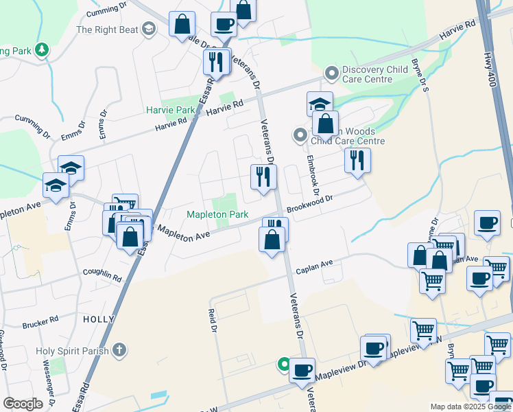 map of restaurants, bars, coffee shops, grocery stores, and more near 45 Lake Crescent in Barrie