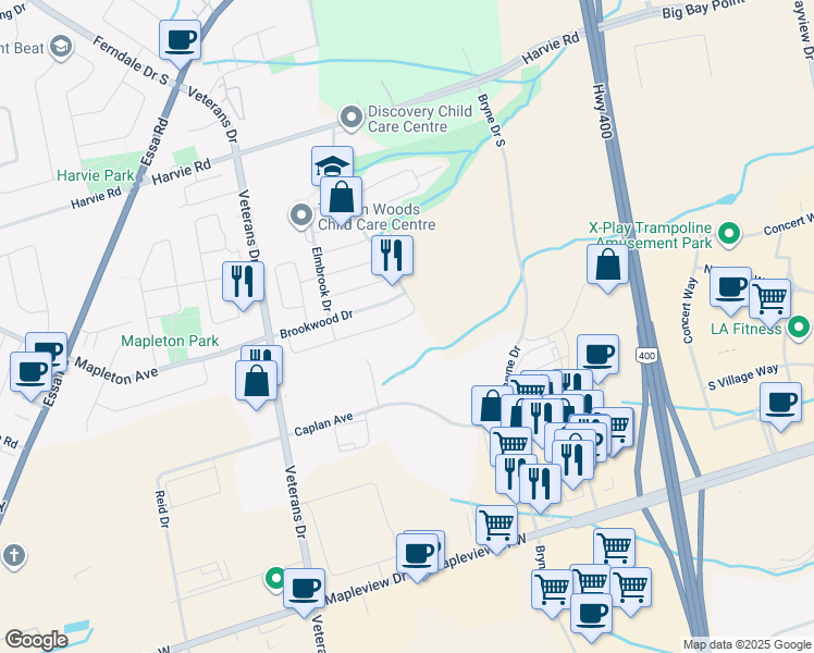 map of restaurants, bars, coffee shops, grocery stores, and more near 97 Thrushwood Drive in Barrie