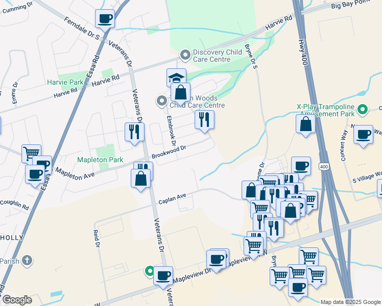 map of restaurants, bars, coffee shops, grocery stores, and more near 125 Thrushwood Drive in Barrie