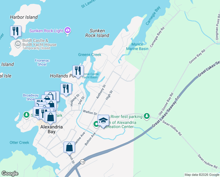 map of restaurants, bars, coffee shops, grocery stores, and more near 41 High St in Alexandria Bay