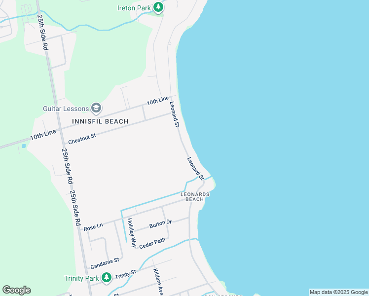 map of restaurants, bars, coffee shops, grocery stores, and more near 2620 Leonard Street in Innisfil