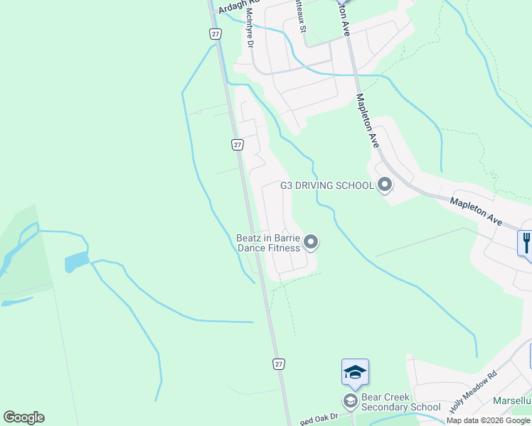 map of restaurants, bars, coffee shops, grocery stores, and more near 200 Muirfield Drive in Barrie