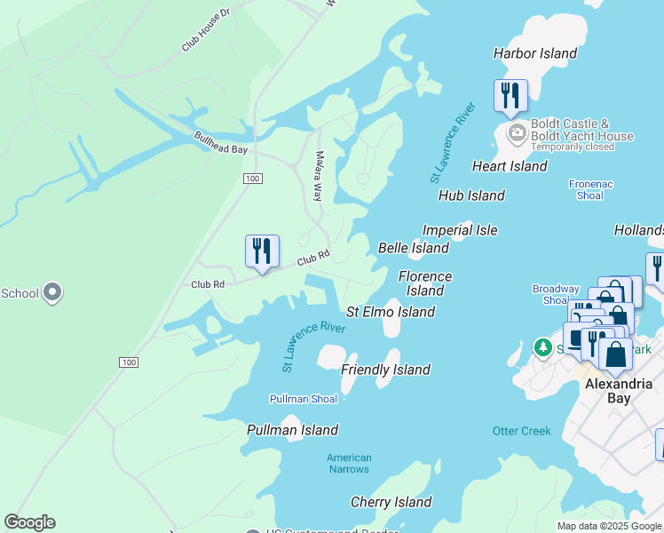 map of restaurants, bars, coffee shops, grocery stores, and more near 46497 Stone Gate Lane in Wellesley Island