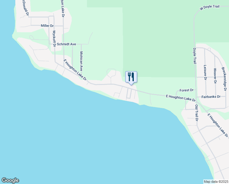 map of restaurants, bars, coffee shops, grocery stores, and more near 154-198 Eastbrook Avenue in Houghton Lake