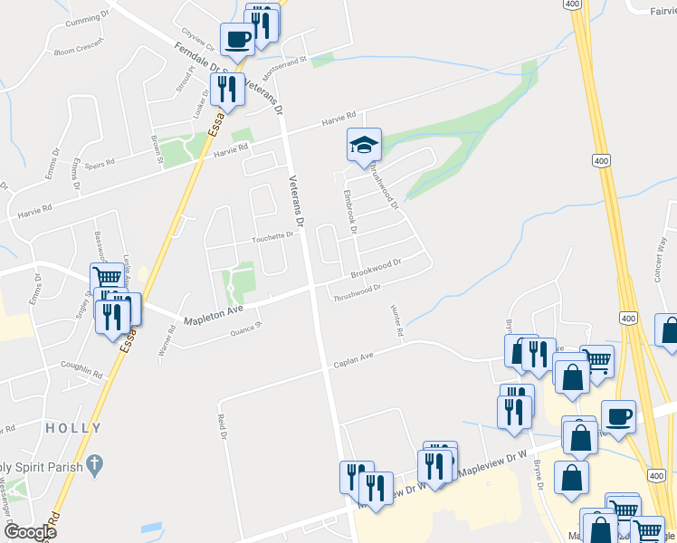 map of restaurants, bars, coffee shops, grocery stores, and more near 4 Bentley Crescent in Barrie