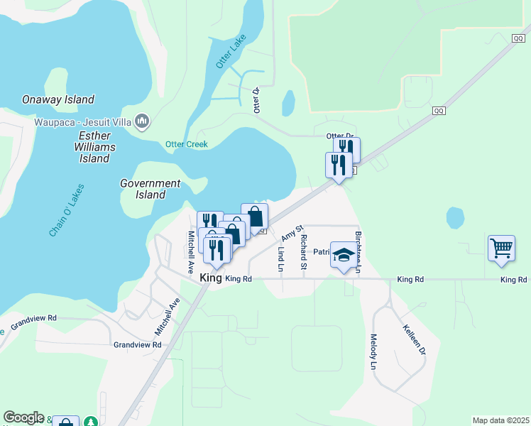 map of restaurants, bars, coffee shops, grocery stores, and more near N2757 County Road QQ in Waupaca