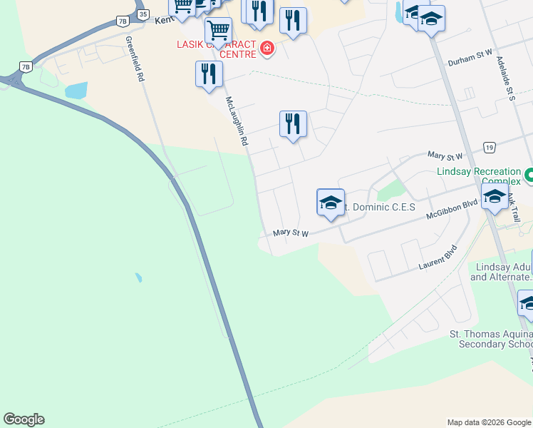 map of restaurants, bars, coffee shops, grocery stores, and more near 186 McLaughlin Road in Kawartha Lakes