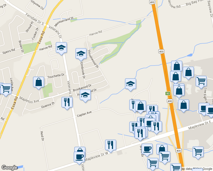 map of restaurants, bars, coffee shops, grocery stores, and more near 116 Thrushwood Drive in Barrie