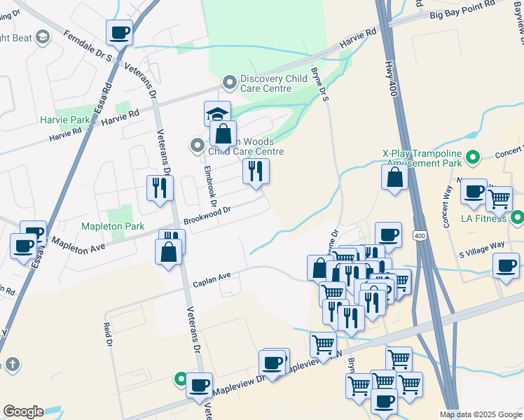 map of restaurants, bars, coffee shops, grocery stores, and more near 97 Thrushwood Drive in Barrie