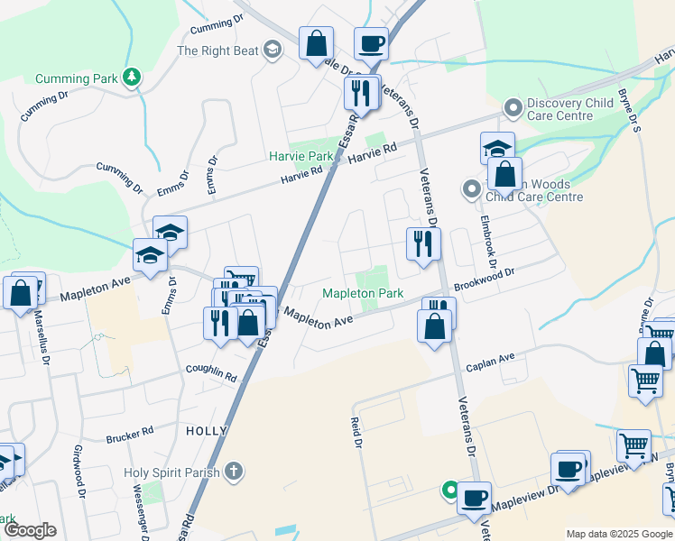 map of restaurants, bars, coffee shops, grocery stores, and more near 22 O'Shaughnessy Crescent in Barrie