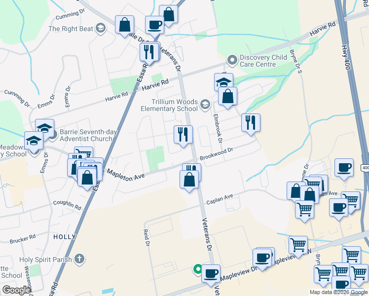 map of restaurants, bars, coffee shops, grocery stores, and more near 31 Lake Crescent in Barrie
