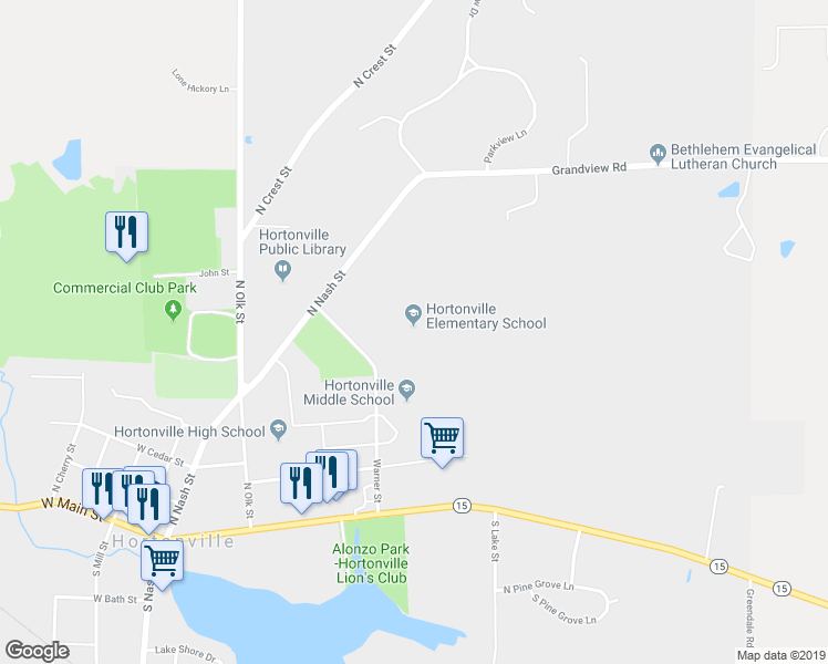 map of restaurants, bars, coffee shops, grocery stores, and more near 240 Warner Street in Hortonville