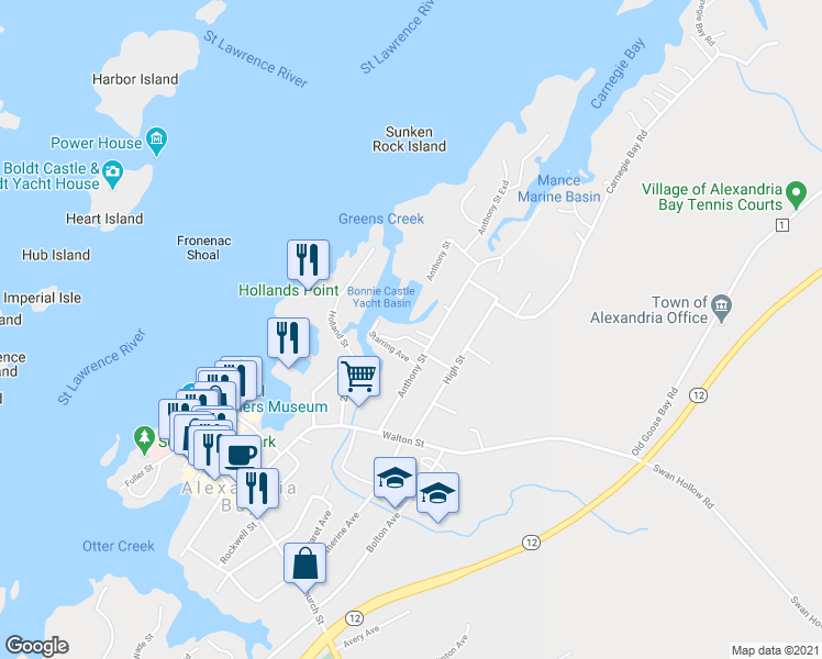 map of restaurants, bars, coffee shops, grocery stores, and more near 3 Greens Creek Road in Alexandria Bay