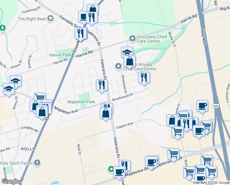 map of restaurants, bars, coffee shops, grocery stores, and more near Bentley Crescent in Barrie