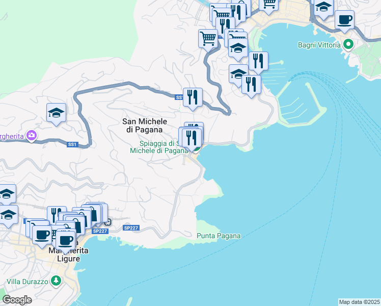 map of restaurants, bars, coffee shops, grocery stores, and more near 154 Via San Michele in Rapallo