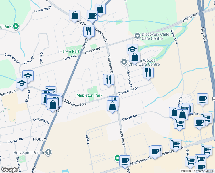 map of restaurants, bars, coffee shops, grocery stores, and more near Lake Crescent in Barrie