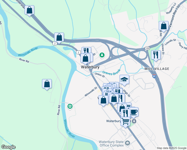 map of restaurants, bars, coffee shops, grocery stores, and more near 28 North Main Street in Waterbury Village Historic District