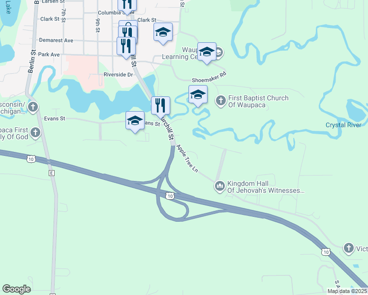map of restaurants, bars, coffee shops, grocery stores, and more near E3154 Apple Tree Lane in Waupaca