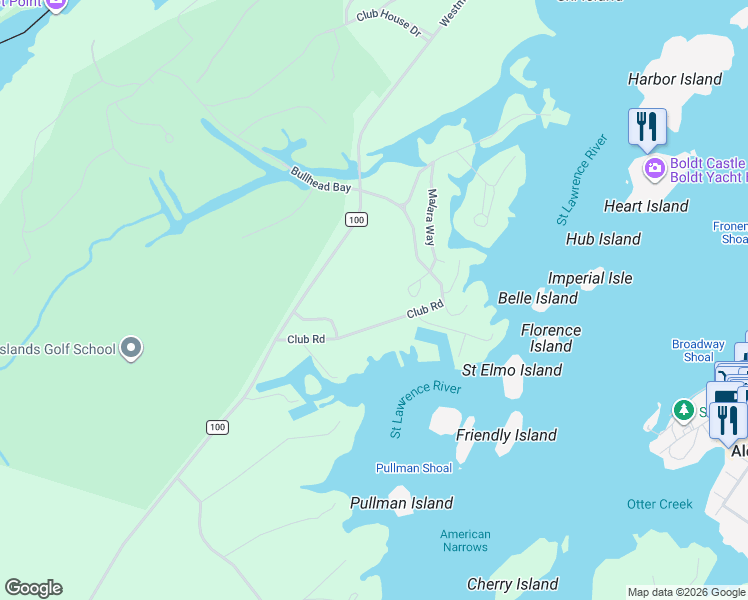 map of restaurants, bars, coffee shops, grocery stores, and more near 21979 Club Road in Wellesley Island