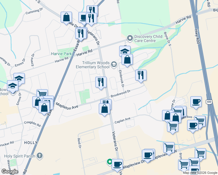 map of restaurants, bars, coffee shops, grocery stores, and more near 101 Bentley Crescent in Barrie