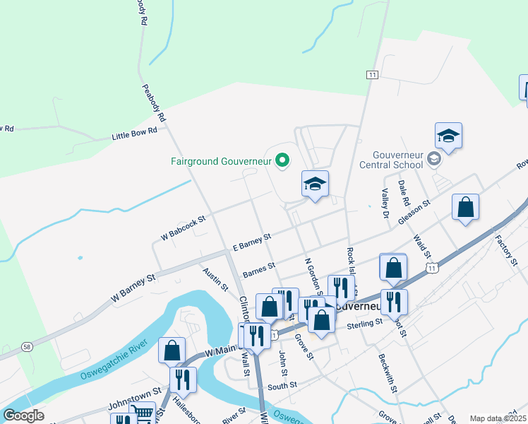 map of restaurants, bars, coffee shops, grocery stores, and more near 70 E Babcock St in Gouverneur