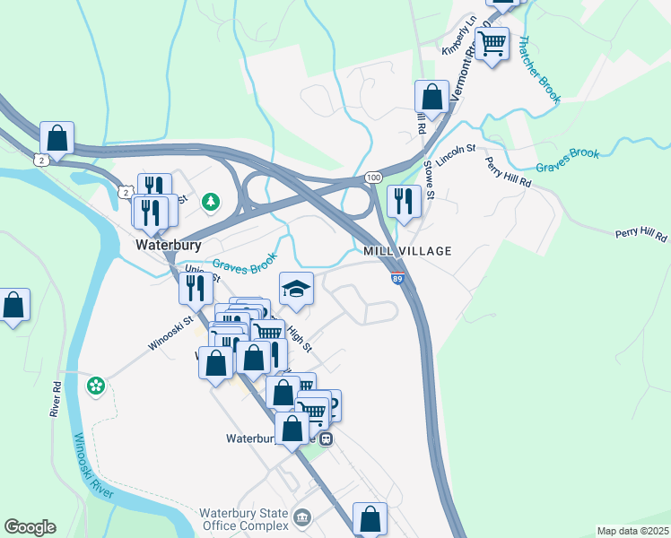 map of restaurants, bars, coffee shops, grocery stores, and more near Stowe Street in Waterbury
