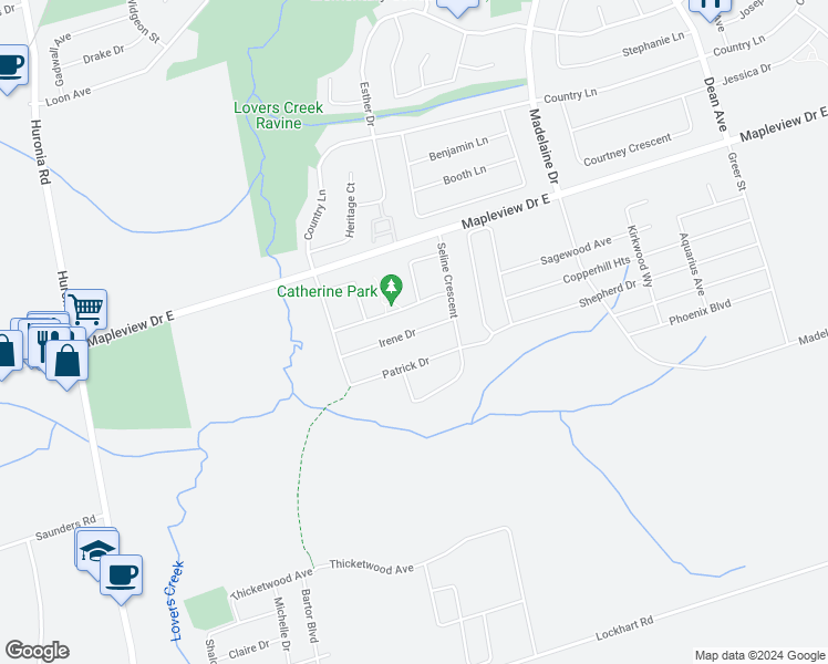 map of restaurants, bars, coffee shops, grocery stores, and more near Irene Drive in Barrie