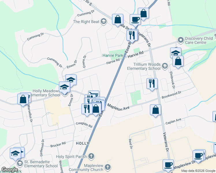 map of restaurants, bars, coffee shops, grocery stores, and more near 521 Essa Road in Barrie