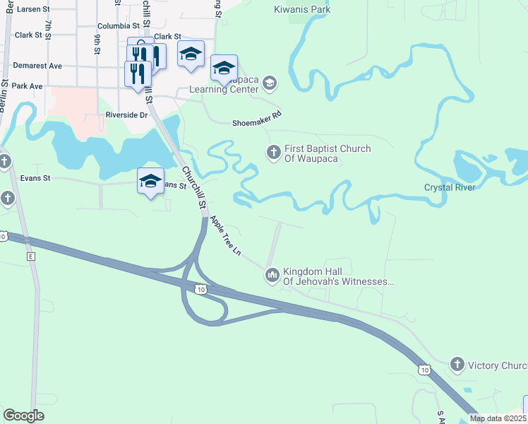 map of restaurants, bars, coffee shops, grocery stores, and more near 1553 Apple Tree Lane in Waupaca