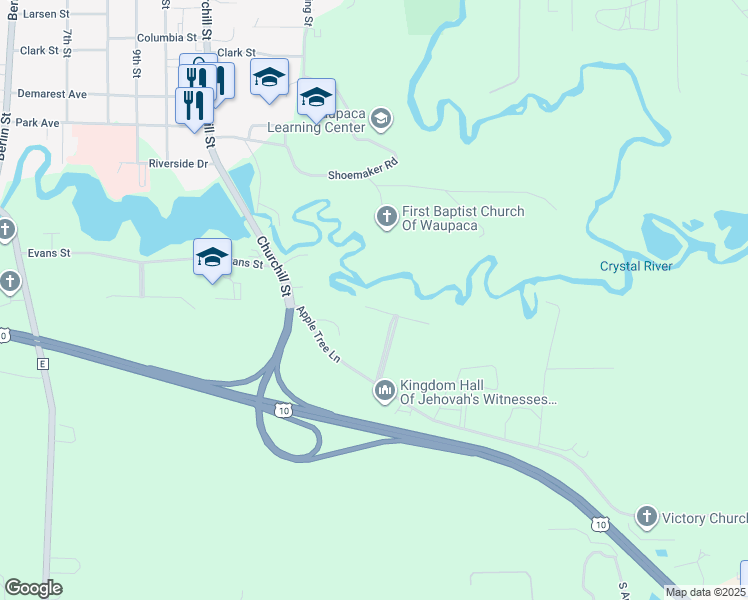 map of restaurants, bars, coffee shops, grocery stores, and more near E3154 Apple Tree Lane in Waupaca