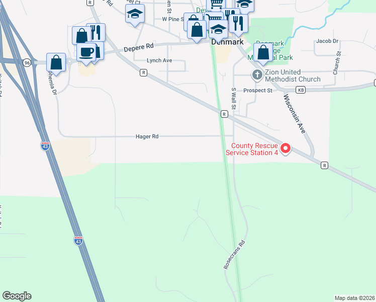 map of restaurants, bars, coffee shops, grocery stores, and more near 581 Hager Road in Denmark