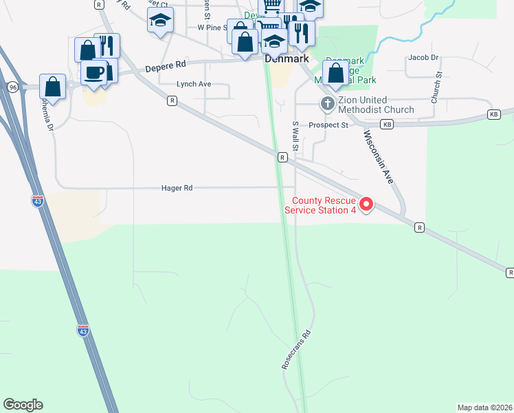 map of restaurants, bars, coffee shops, grocery stores, and more near 581 Hager Road in Denmark